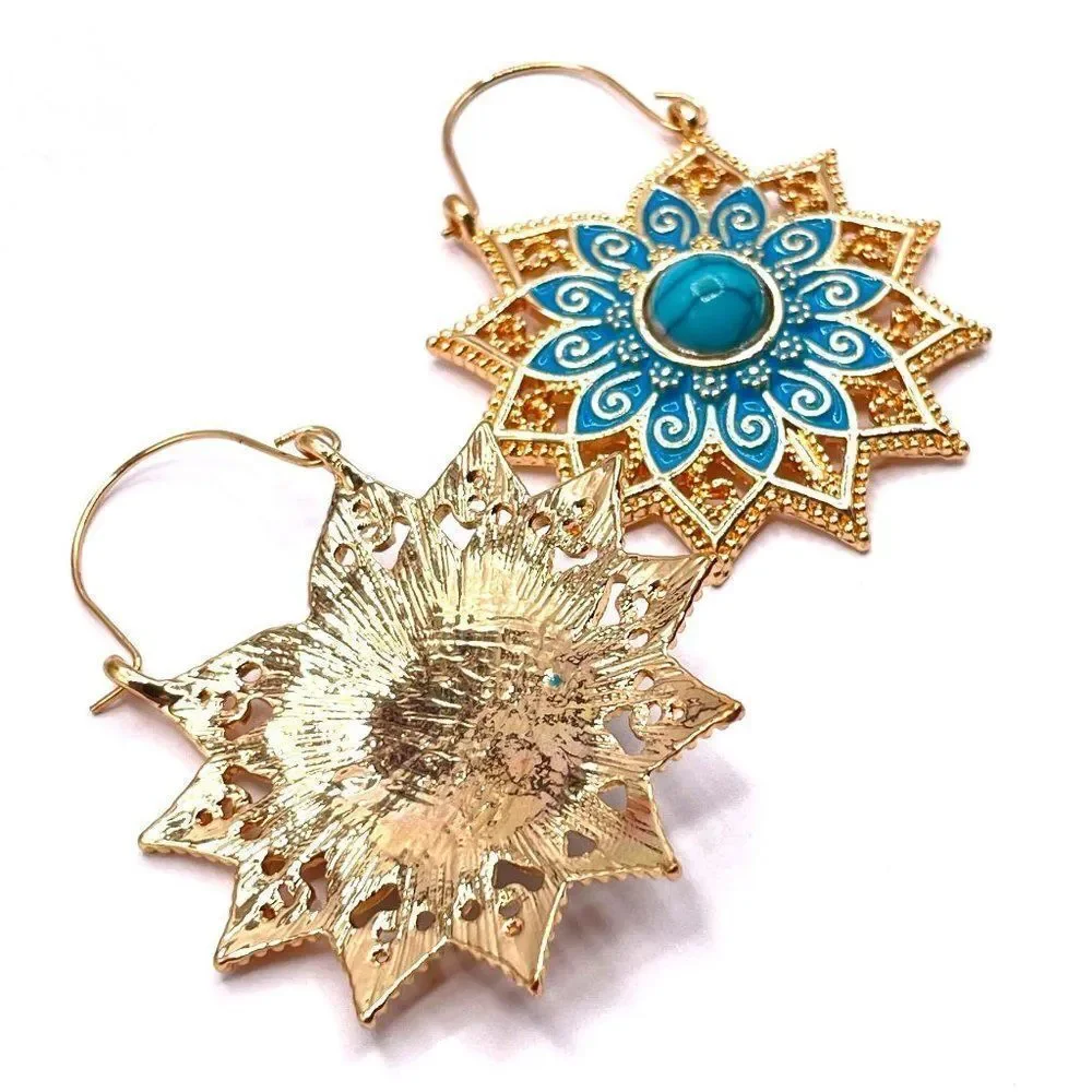 Yellow Gold with Turquoise and Blue Oil Drip Flower Drop Hinge Hook Earrings
